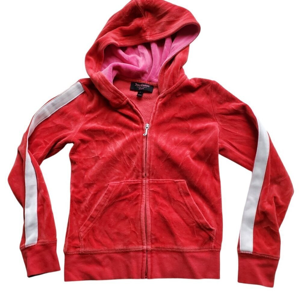 Juicy Couture Y2K style Girl’s Red Velour Sequin Heart Racing stripes Hoodie - Picture 3 of 15